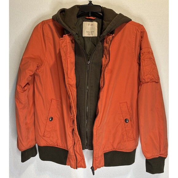 Zara Boys Orange/ Olive Green Bomber Jacket, Hooded, Size 10 - Picture 2 of 5
